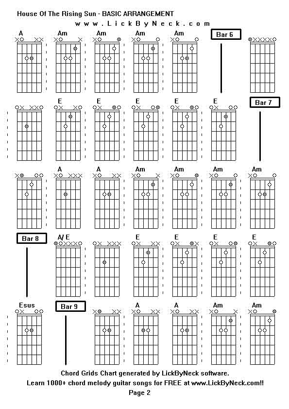 Chord Grids Chart of chord melody fingerstyle guitar song-House Of The Rising Sun - BASIC ARRANGEMENT,generated by LickByNeck software.